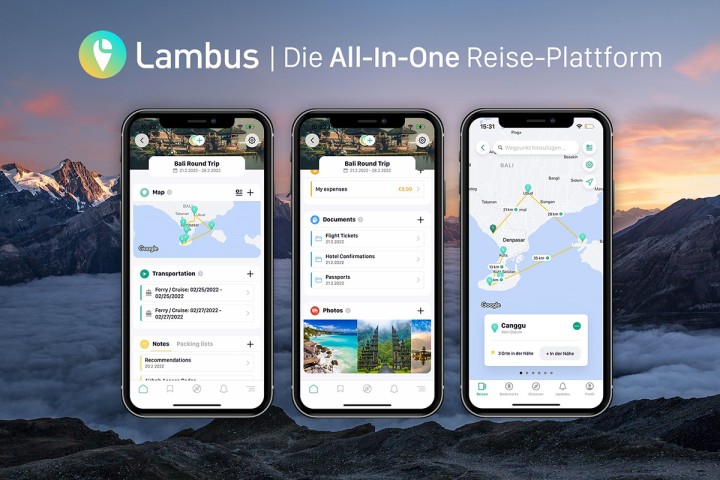 Zu sehen sind drei Handys mit einer Reiseplanungs-App von der Lambus GmbH