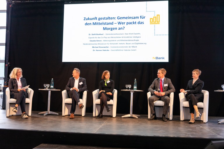 Heinke Träger Pressesprecherin der NBank, Michael Kieswetter Vorstandsvorsitzender der NBank, Claudia Simon Abteilungsleiterin und Mittelstandsbeauftragte des Niedersächsischen Ministeriums für Wirtschaft, Verkehr, Bauen und Digitalisierung, Dr. Hannes Hatecke Geschäftsführer Hatecke GmbH und Dr. Steffi Burkhart Generationenforscherin, New Work Expertin (v.l.n.r)
